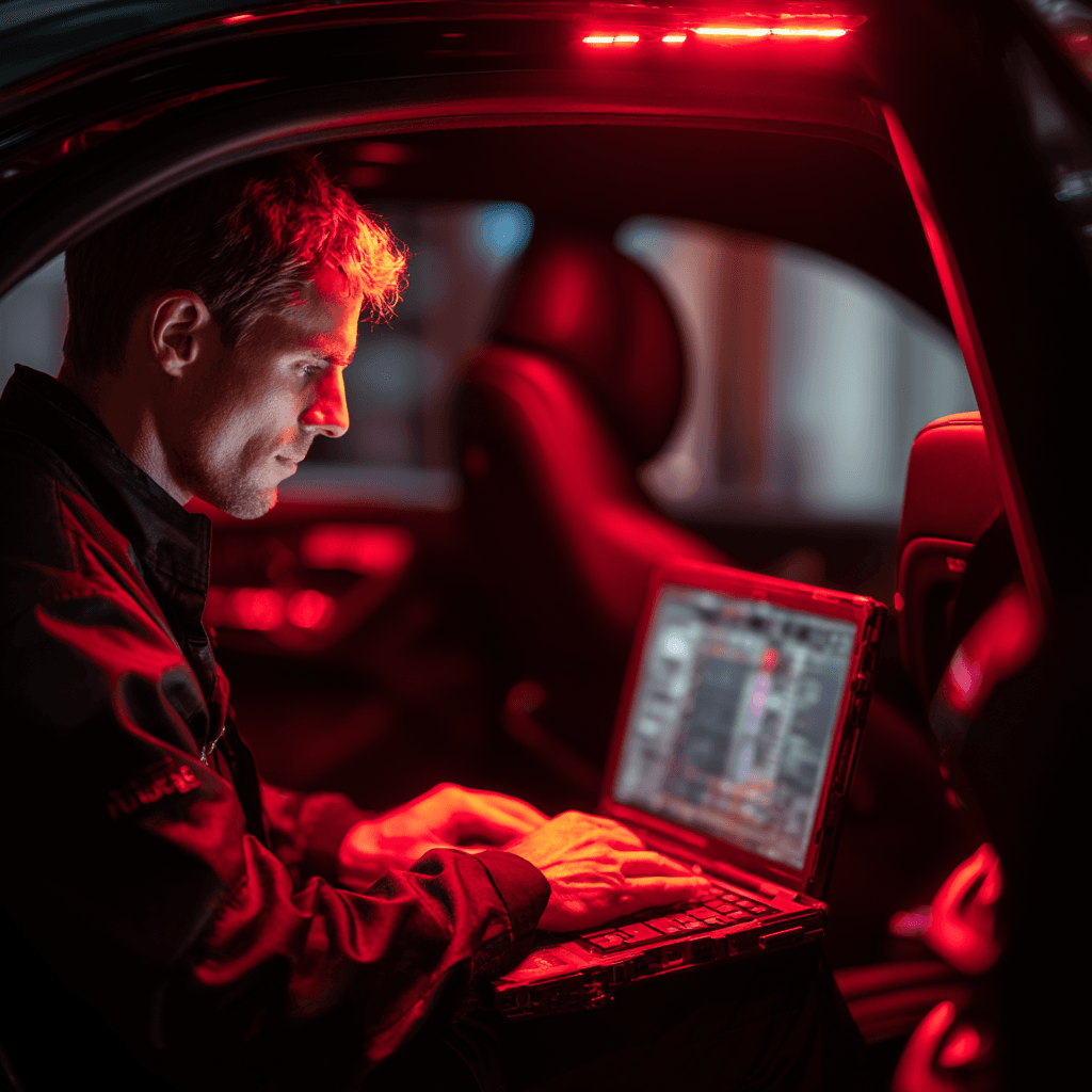 Automotive locksmith performing advanced diagnostics on vehicle in Fort Worth TX