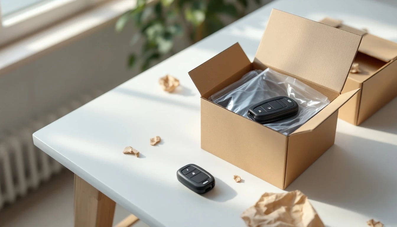 Opened cardboard shipping box on a table containing a generic black car key fob still sealed in plastic, beside a second loose fob