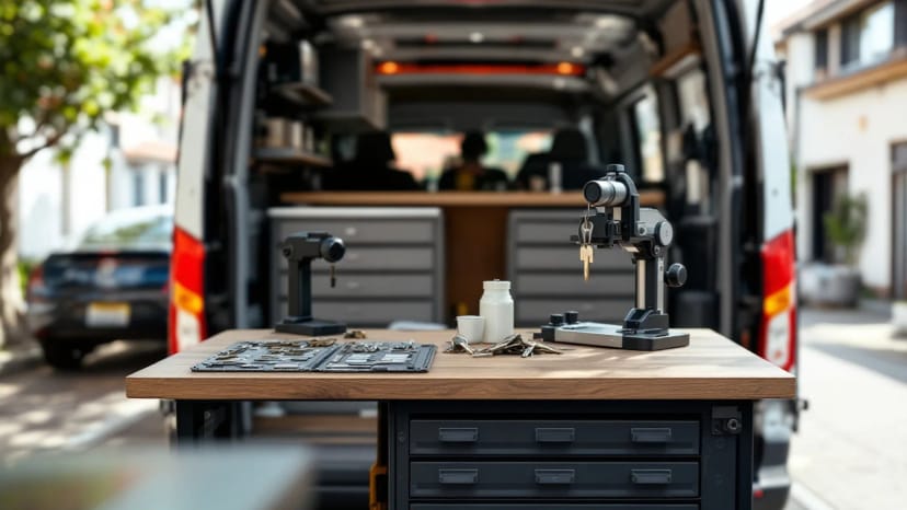 Automotive locksmith price list for Fort Worth — key cutting and programming equipment in a mobile service van