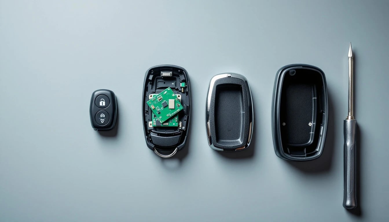 Broken key fob repair in Fort Worth — a car remote split open showing its circuit board beside a new empty shell