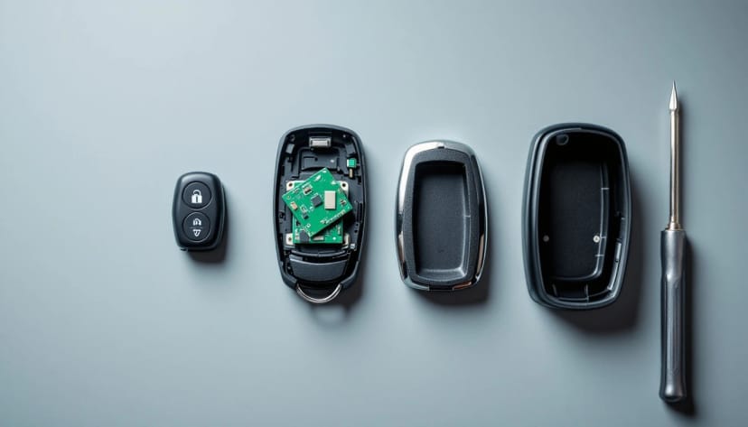Broken key fob repair in Fort Worth — a car remote split open showing its circuit board beside a new empty shell