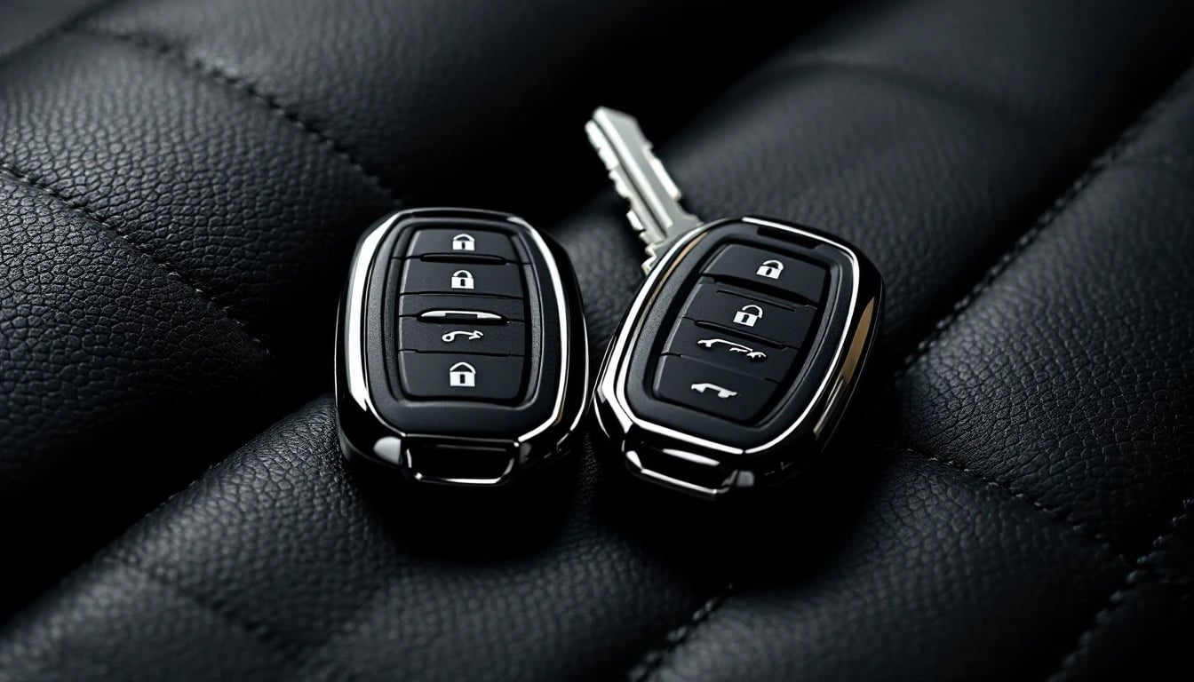 Two black rectangular luxury proximity key fobs on dark quilted leather with the emergency metal key blade partly extended from one