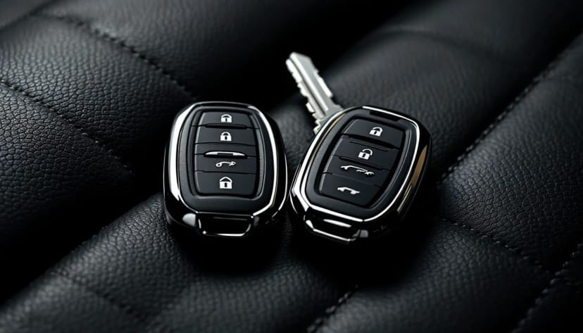 Two black rectangular luxury proximity key fobs on dark quilted leather with the emergency metal key blade partly extended from one