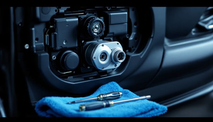 Car door with the interior trim panel removed exposing the door lock actuator and lock cylinder during a mobile door lock repair in Fort Worth, Texas