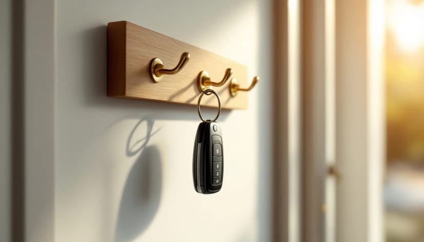 A single car key on an empty key hook board beside the front door of a house
