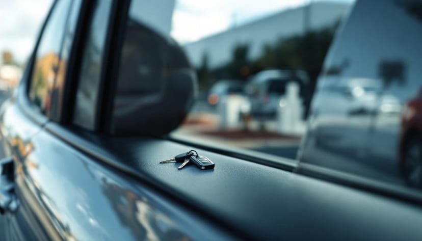A set of car keys resting on the window sill of a locked car in a parking lot