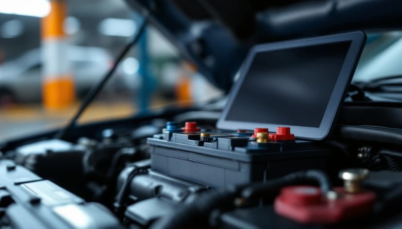 Newly installed car battery with clean terminals under the hood while a diagnostic tablet reads immobilizer data