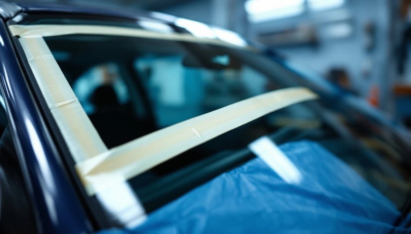 Silver sedan inside a collision repair bay with the hood raised and a freshly fitted windshield still edged with masking tape
