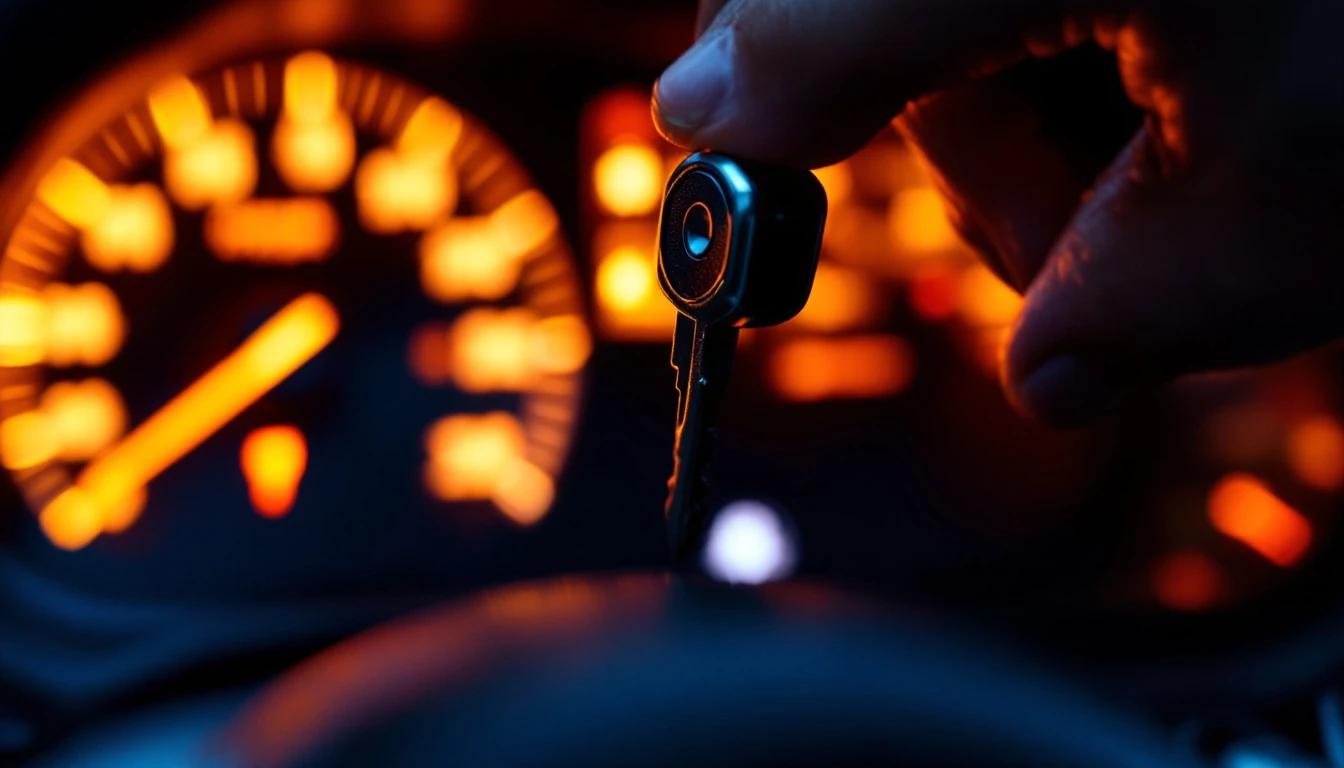 Car will not turn off with the key — close view of a key in an ignition lock cylinder with the dashboard still lit