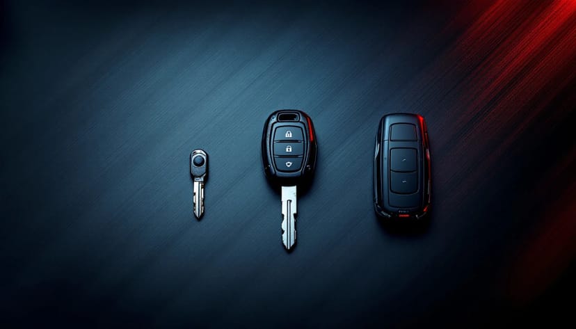 Chevrolet Camaro keys by generation — a resistor pellet key, a flip remote key and a proximity fob on a workbench