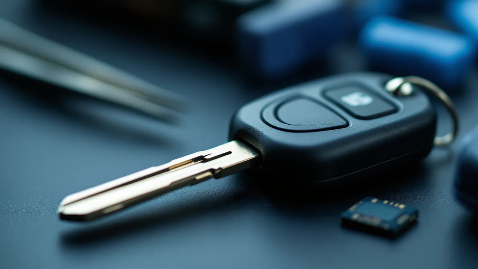 Chip key replacement in Fort Worth — transponder car key blade and chip head on a locksmith work surface