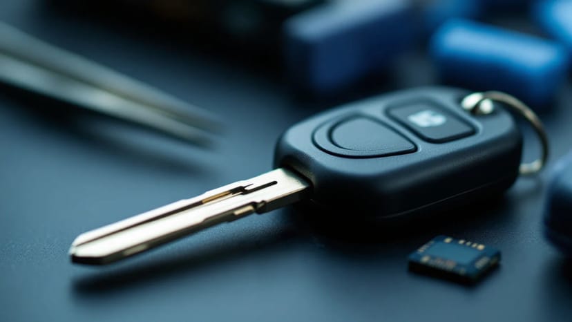Chip key replacement in Fort Worth — transponder car key blade and chip head on a locksmith work surface