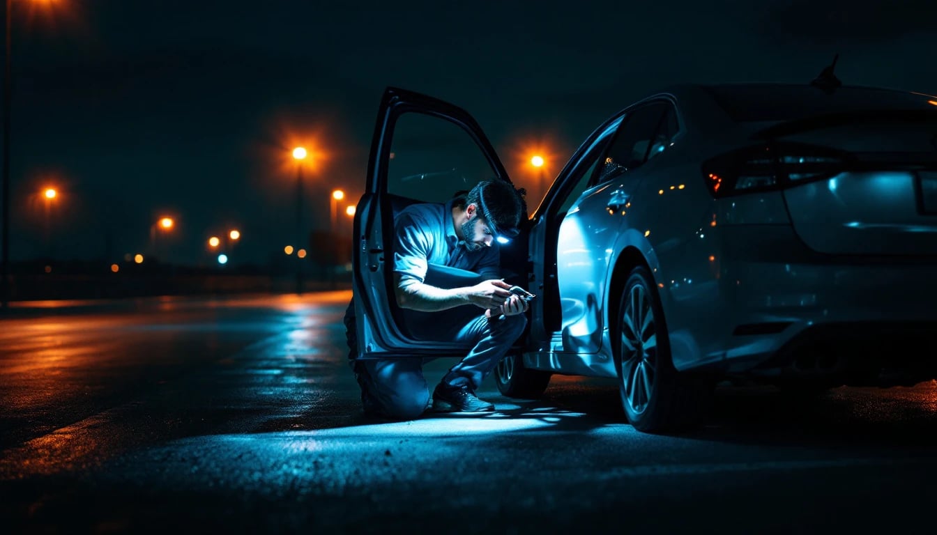 Mobile automotive locksmith working at a car door in a dark Fort Worth parking lot at night