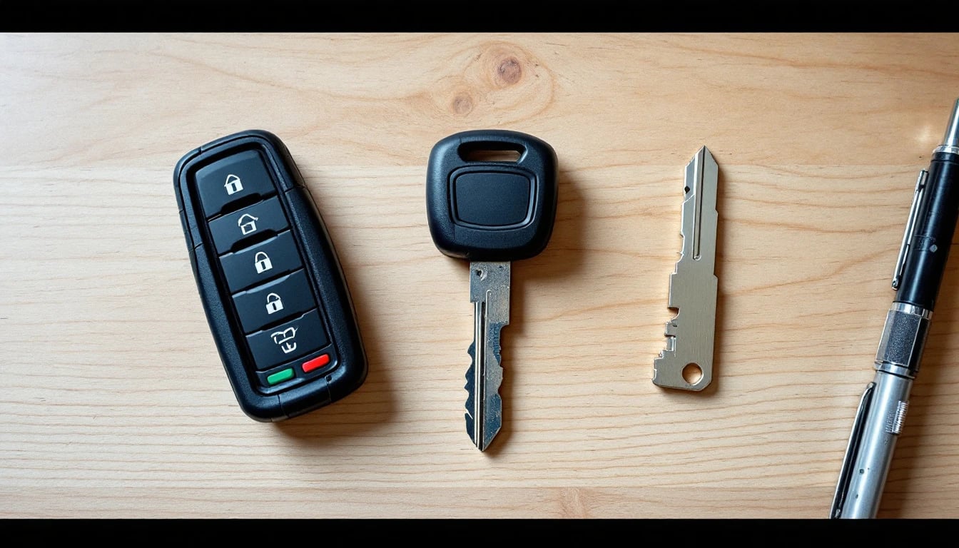 Ford Escape proximity fob and older bladed transponder key laid side by side on a locksmith bench with key blanks