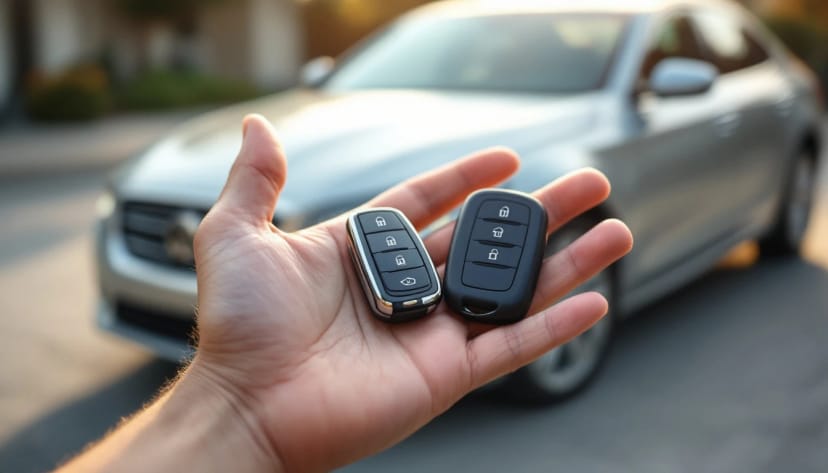 Two Ford Fusion style key fobs held in an open palm in front of a silver sedan in a driveway