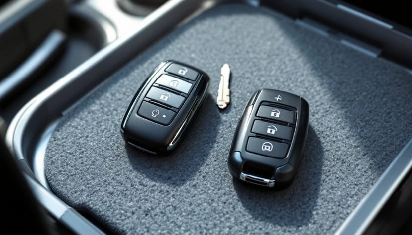 Key fob replacement in Fort Worth — a new proximity fob beside a worn original on a mobile locksmith work tray