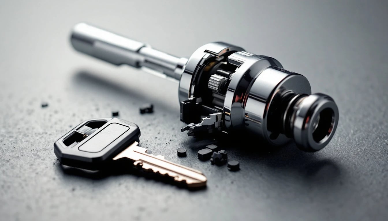 Ignition lock plug separated from its sheared drive cam on a workbench mat beside a car key