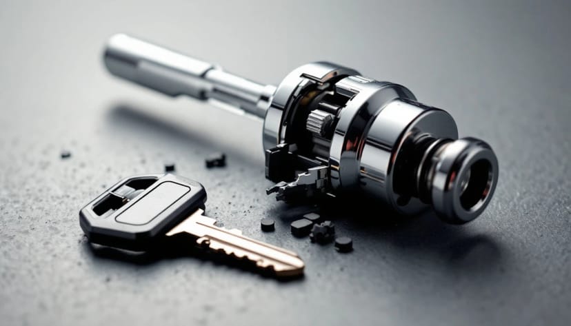 Ignition lock plug separated from its sheared drive cam on a workbench mat beside a car key
