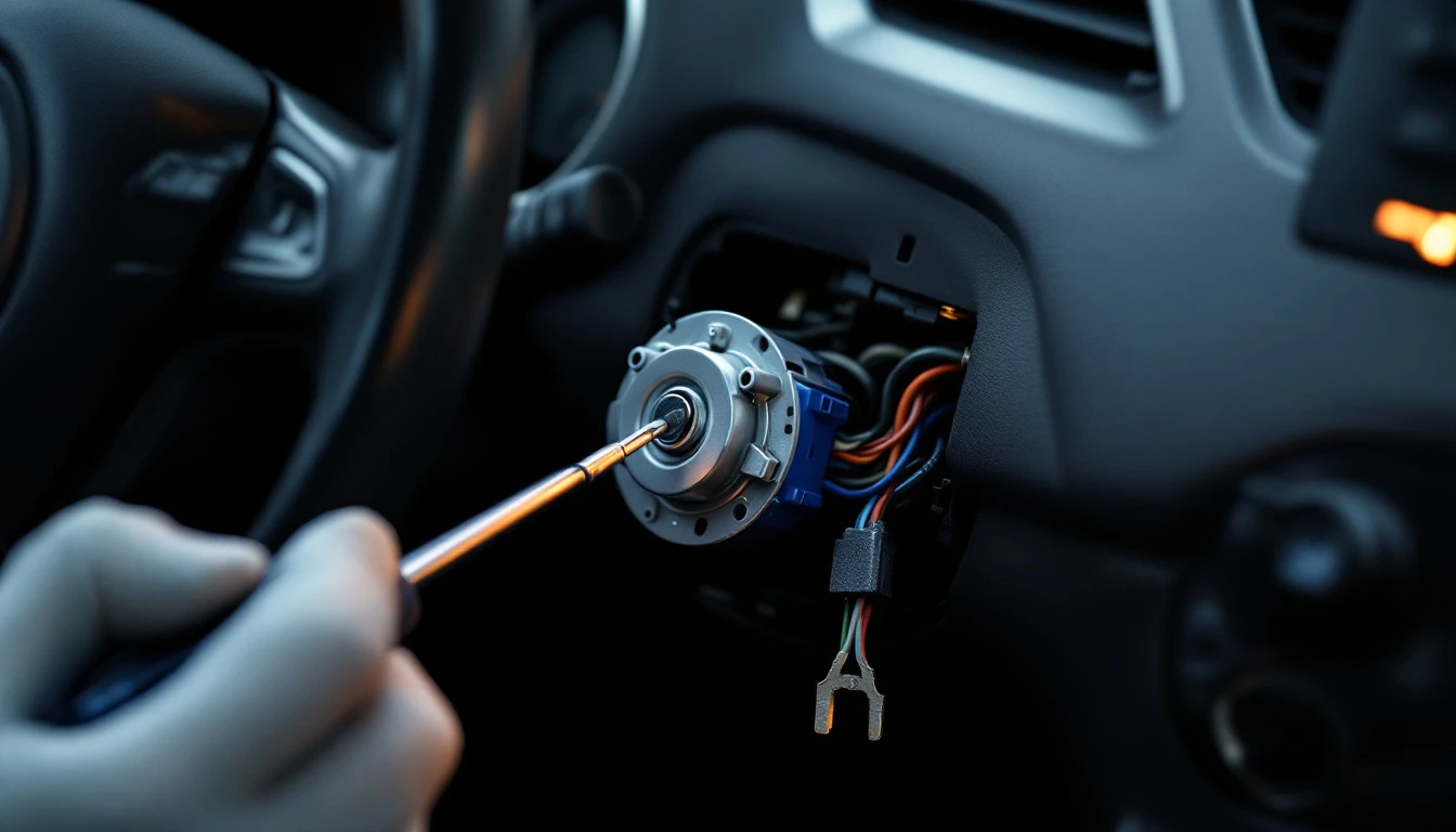Ignition repair in Fort Worth — a steering column with the shroud removed showing the lock cylinder and switch during a mobile repair