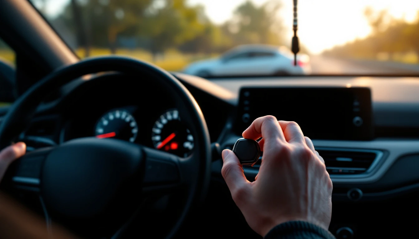 A car dashboard with a dark radio screen and a key in the ignition while the instrument cluster is lit