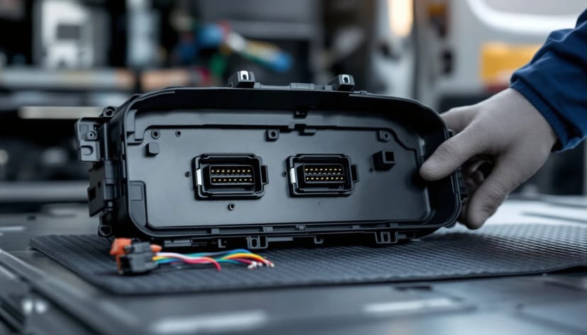 The back of a removed instrument cluster showing its two connector sockets on a workbench during module programming in Fort Worth