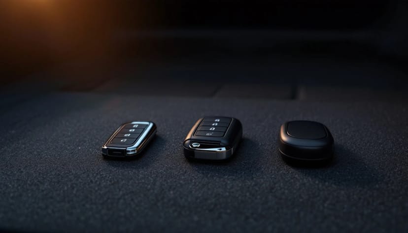Three generations of plain black SUV keys laid side by side on the tailgate of a dark SUV