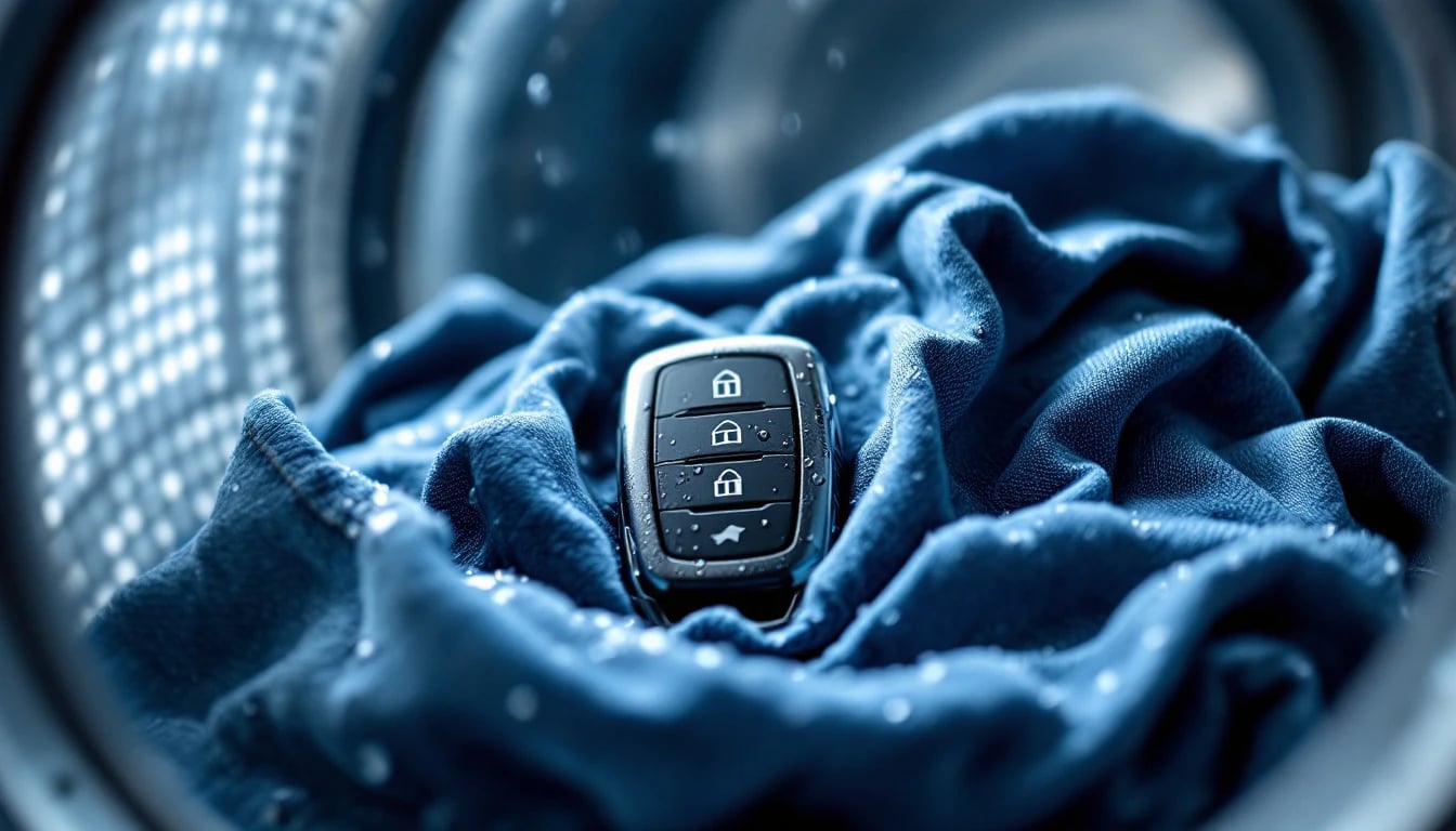 A wet car key fob opened on a towel with its coin cell battery removed, drying after going through the wash