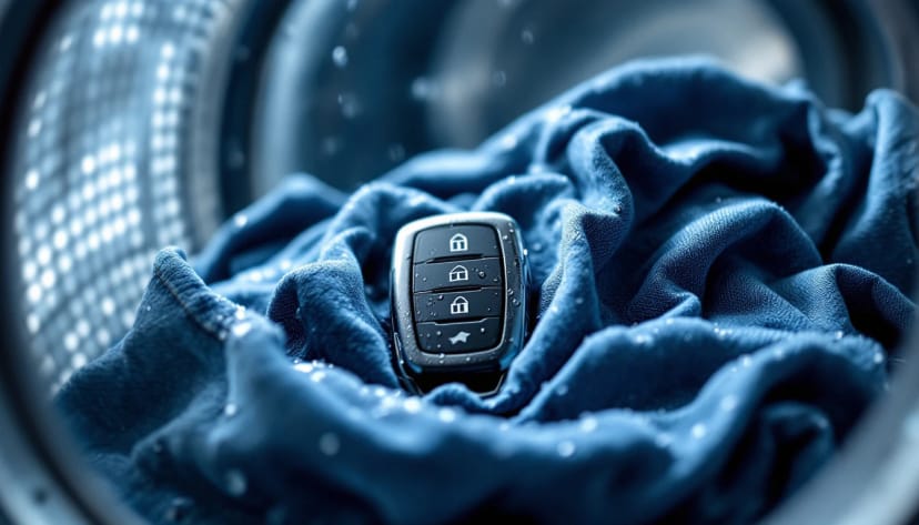 A wet car key fob opened on a towel with its coin cell battery removed, drying after going through the wash
