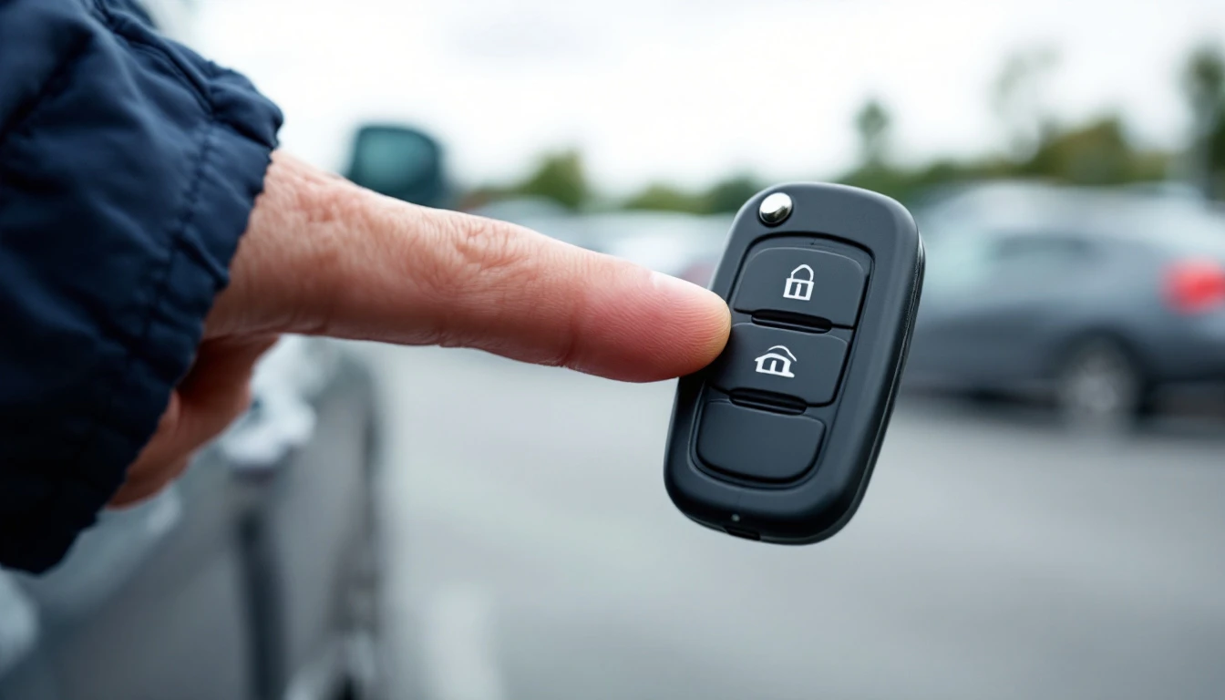 A thumb pressing a worn button on a plain black car key fob in a parking lot