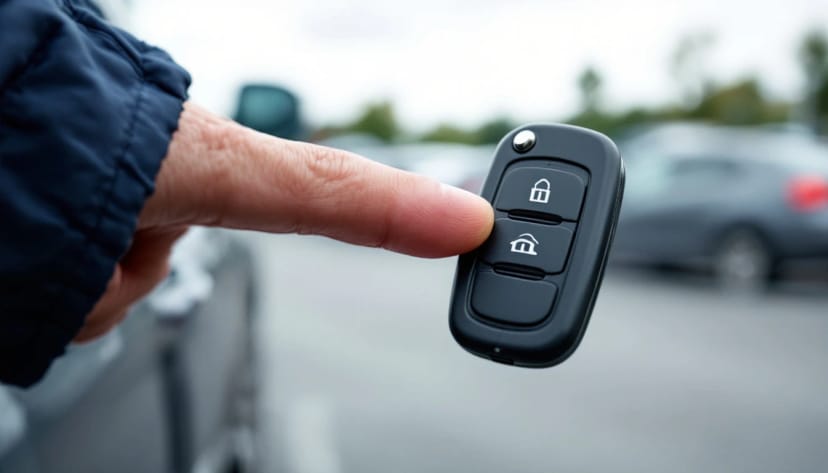 A thumb pressing a worn button on a plain black car key fob in a parking lot