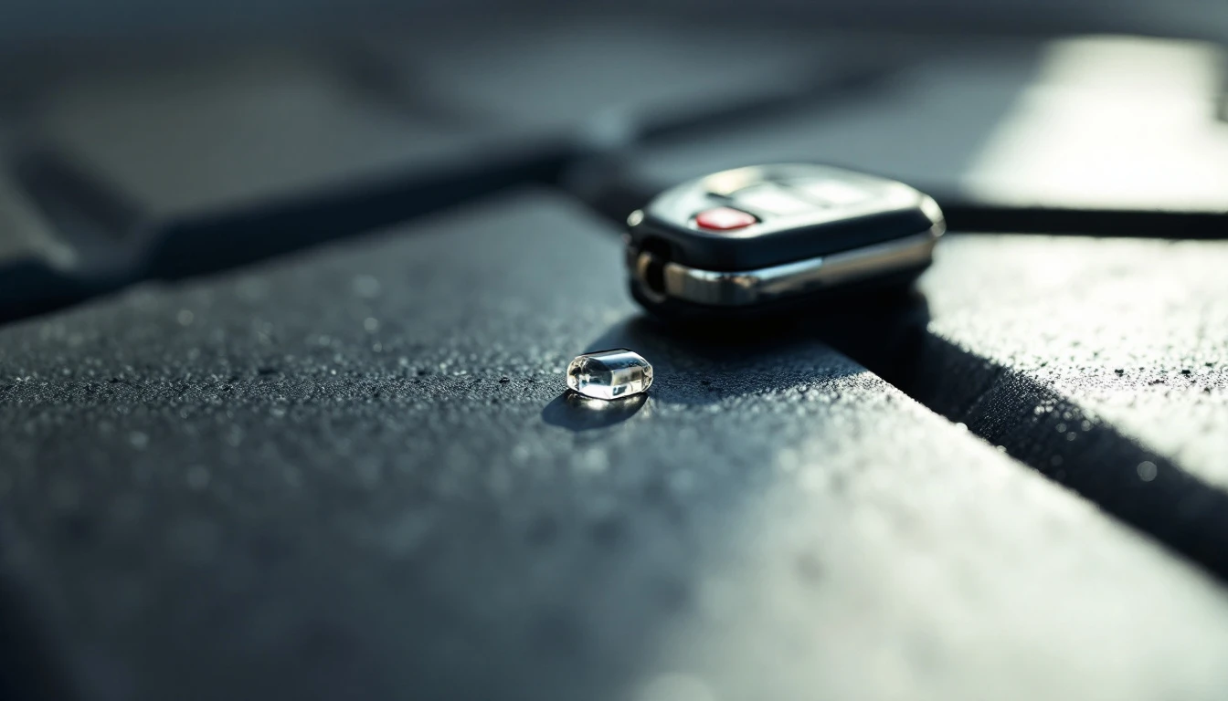 Cracked car key head with the small glass transponder chip lying beside it on a floor mat