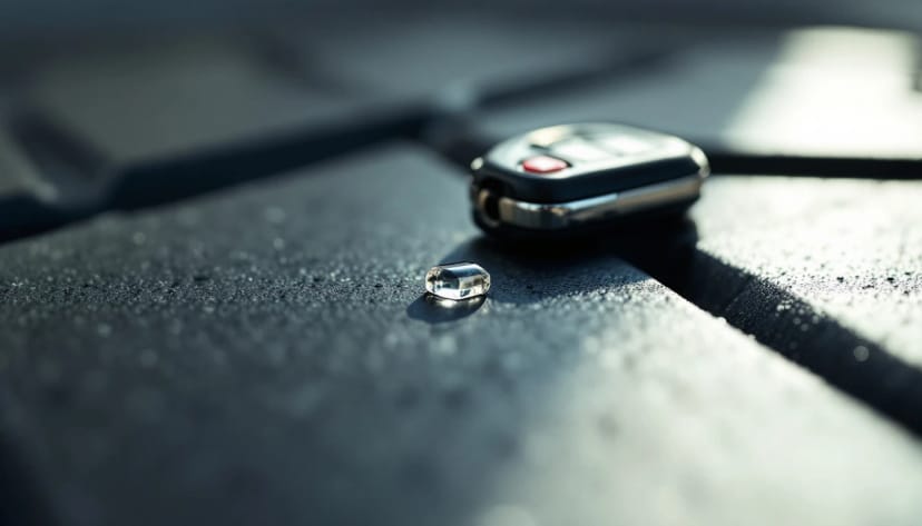 Cracked car key head with the small glass transponder chip lying beside it on a floor mat