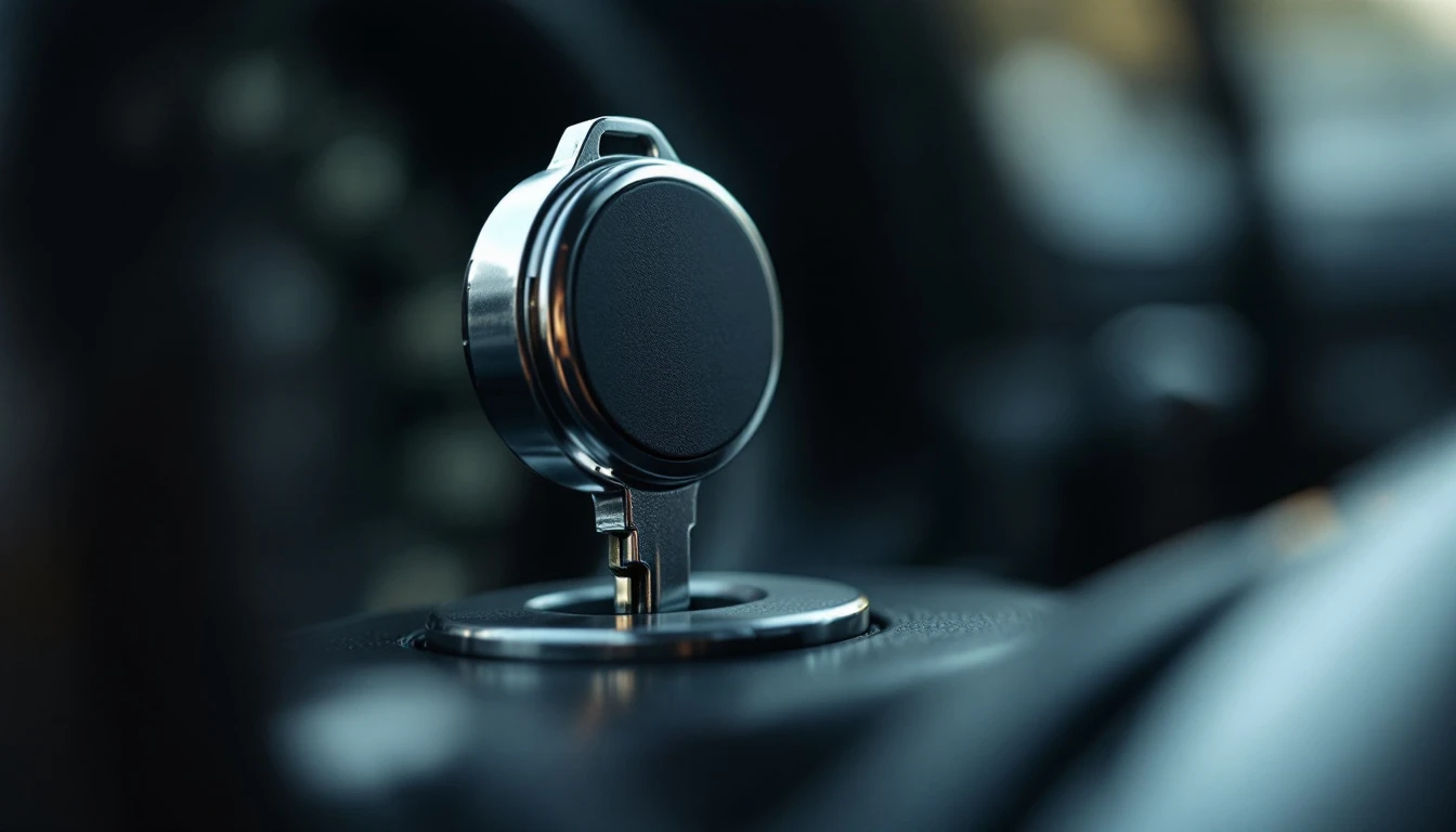 A car key inserted and turned in a chrome ignition barrel on the steering column, with a dark unlit instrument cluster blurred behind it