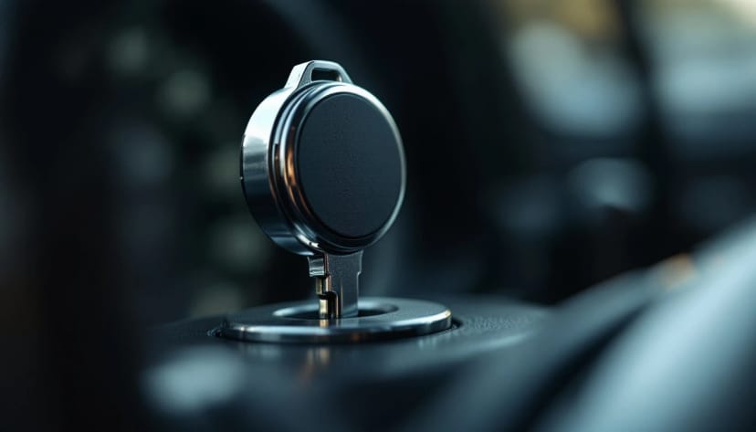 A car key inserted and turned in a chrome ignition barrel on the steering column, with a dark unlit instrument cluster blurred behind it