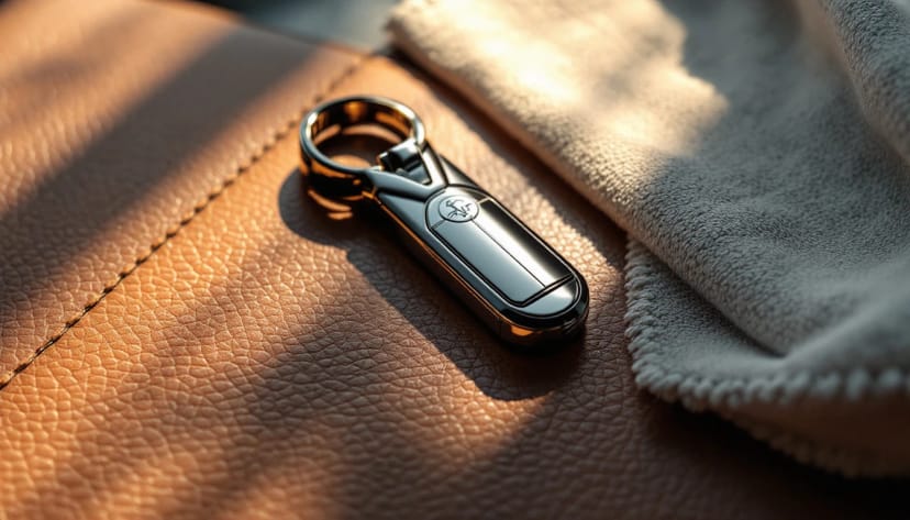 Maserati proximity key fob resting on a leather seat during a mobile key replacement appointment in Fort Worth, Texas