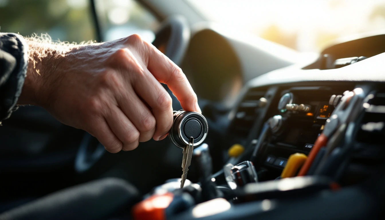 Mazda 3 ignition lock cylinder removed from the steering column during a mobile ignition repair in Fort Worth, Texas