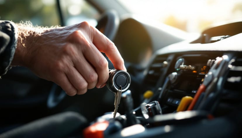 Mazda 3 ignition lock cylinder removed from the steering column during a mobile ignition repair in Fort Worth, Texas