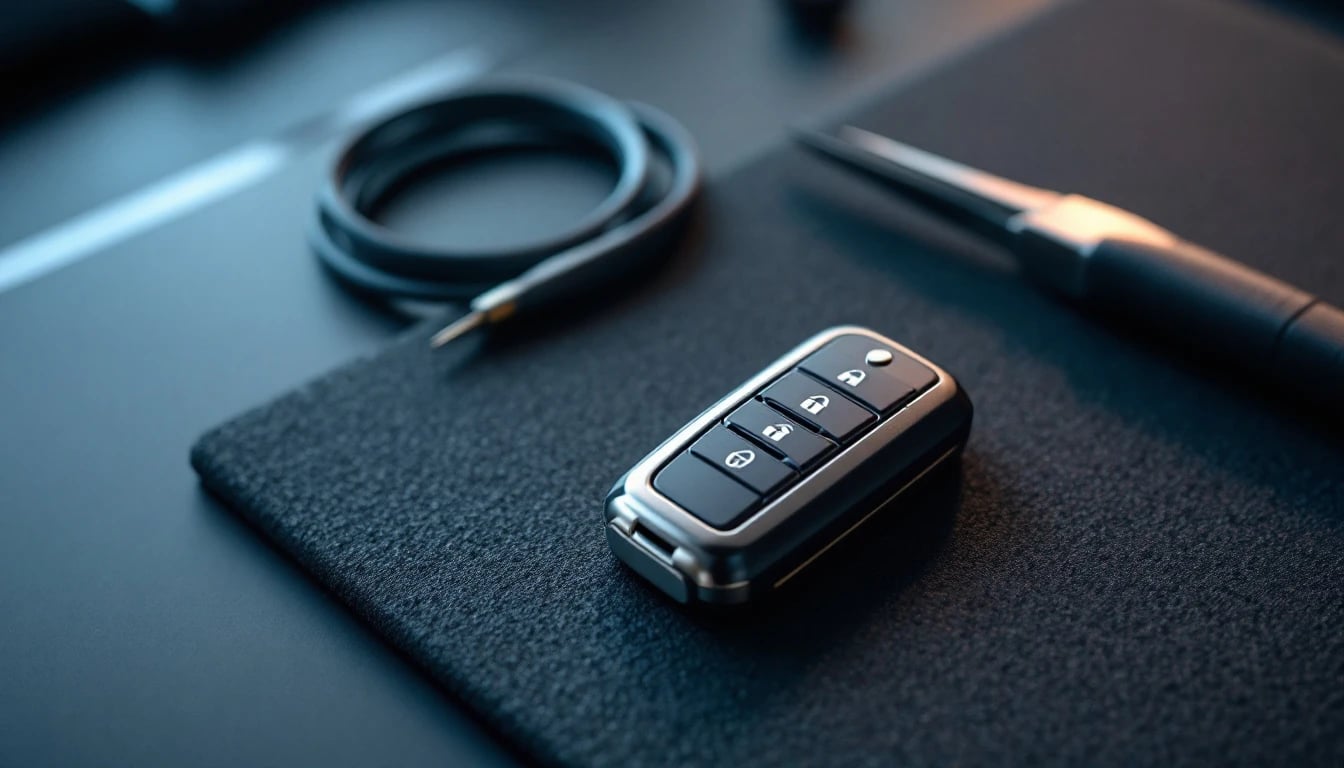 Mini Cooper key fob and diagnostic programming tool connected to the OBD-II port by a mobile automotive locksmith in Fort Worth, Texas