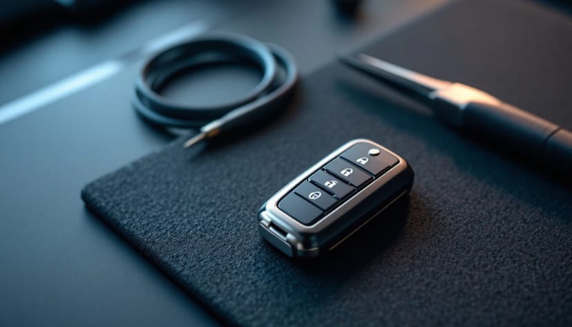 Mini Cooper key fob and diagnostic programming tool connected to the OBD-II port by a mobile automotive locksmith in Fort Worth, Texas