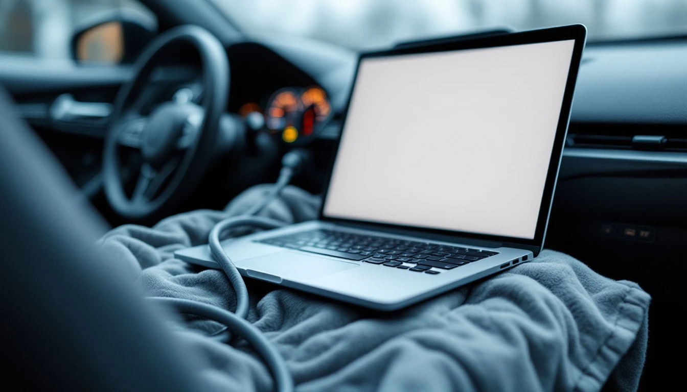 Automotive diagnostic laptop and programming interface connected to a vehicle OBD port with the dashboard lit in the background