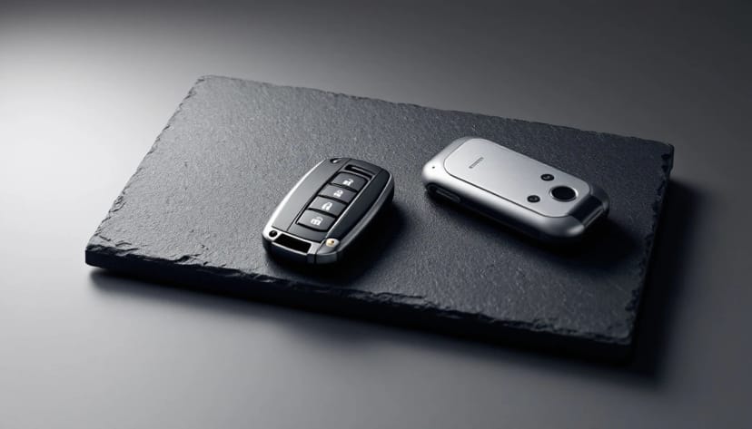 Nissan Rogue Intelligent Key prox fob and emergency mechanical insert key on a mobile locksmith work surface in Fort Worth, Texas
