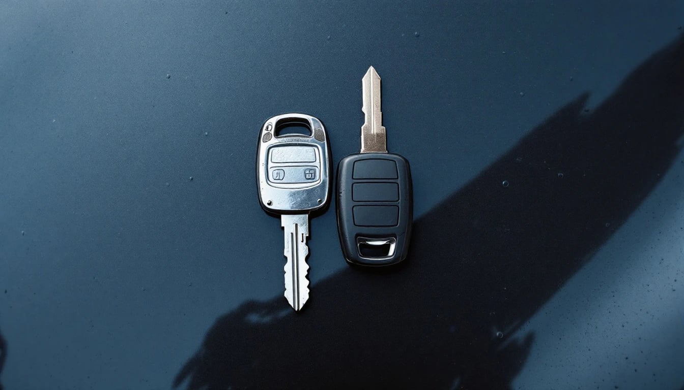 Two similar car keys lying side by side on a car bonnet, one visibly more worn than the other