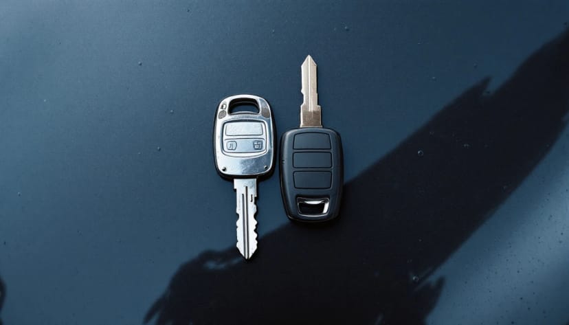 Two similar car keys lying side by side on a car bonnet, one visibly more worn than the other