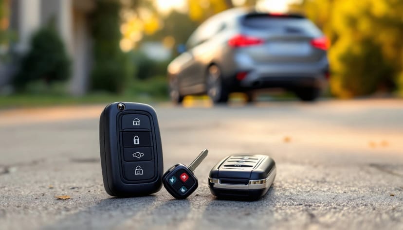Toyota-style black proximity key fob and an older bladed remote head key side by side on a driveway surface