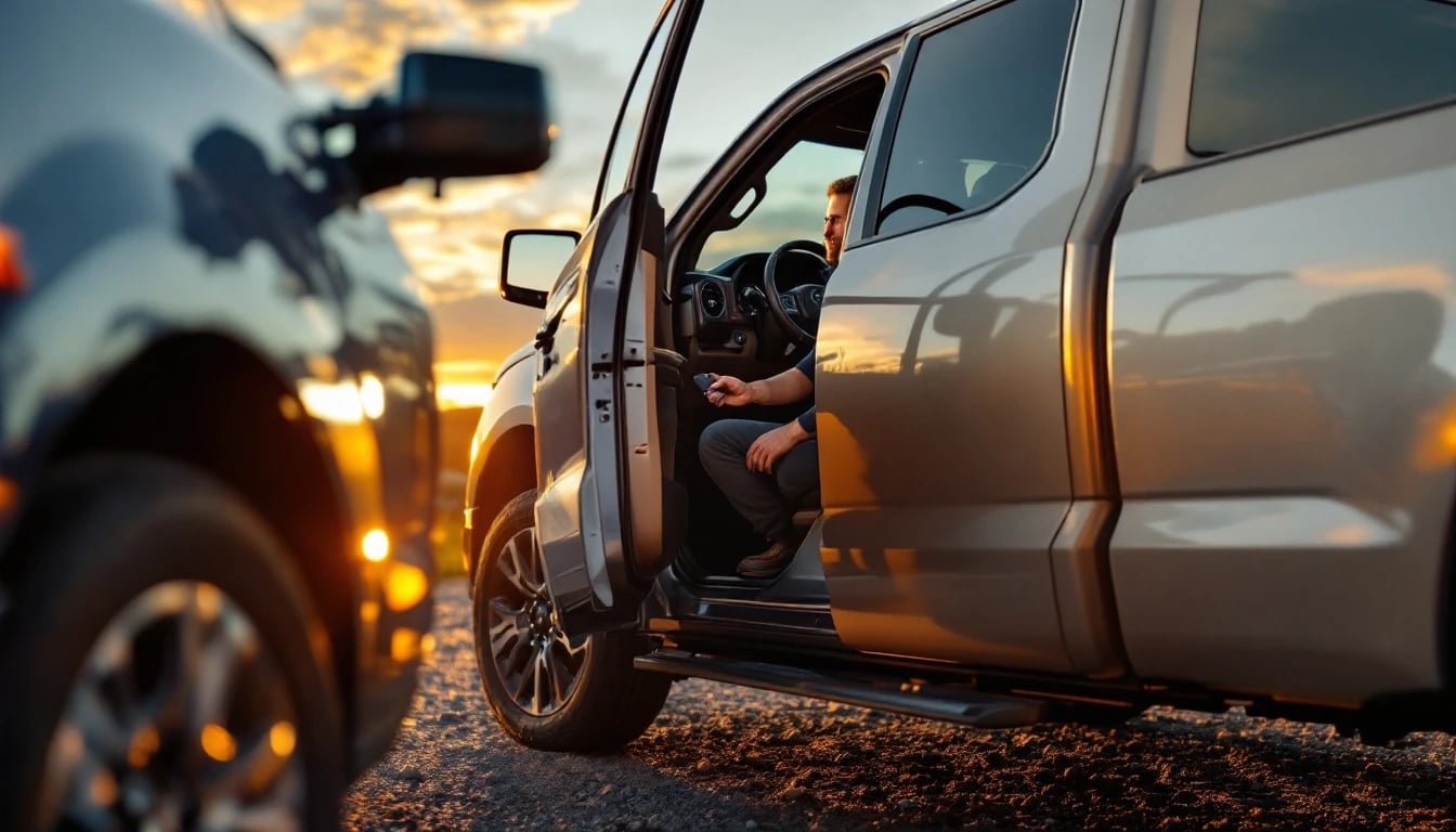 Technician holding a pickup truck proximity key fob at the open driver door of a full size truck during a mobile key replacement in Fort Worth, Texas