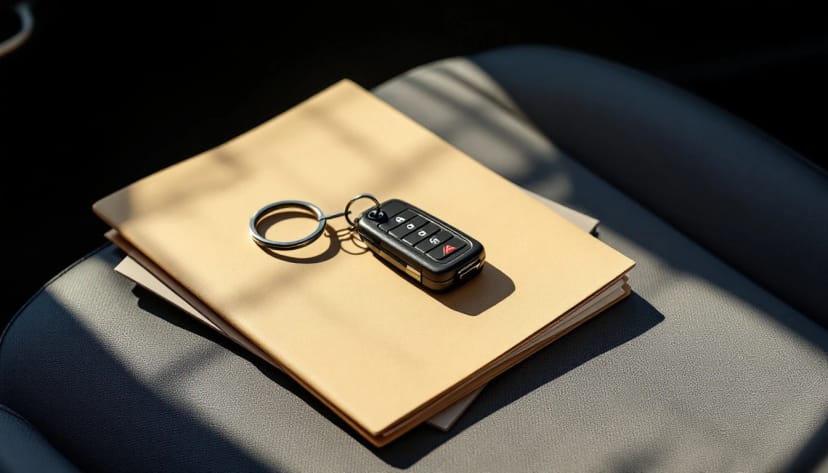 A single car key fob resting on a used-vehicle purchase folder on a car seat, with the empty second key ring beside it